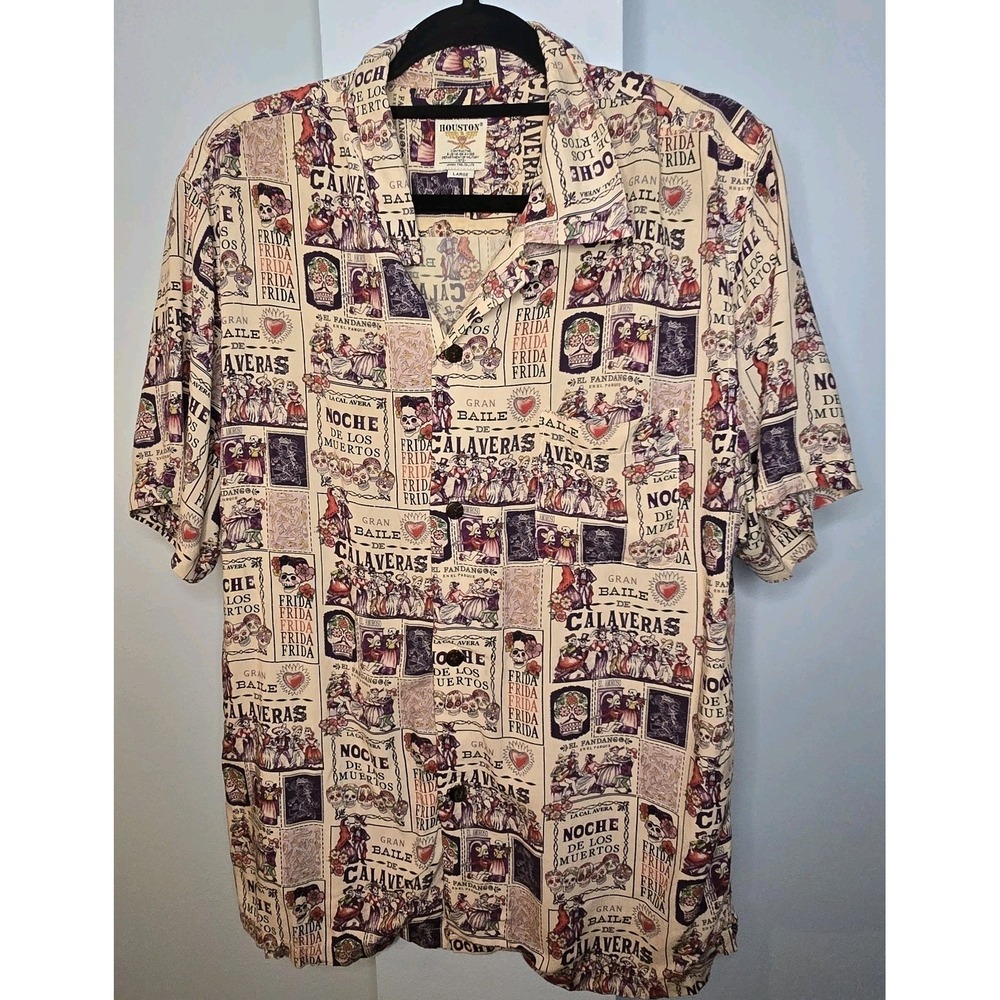 Houston Japan Aloha Hawaiian Shirt‎ Mens L Dia de los Muertos Rare